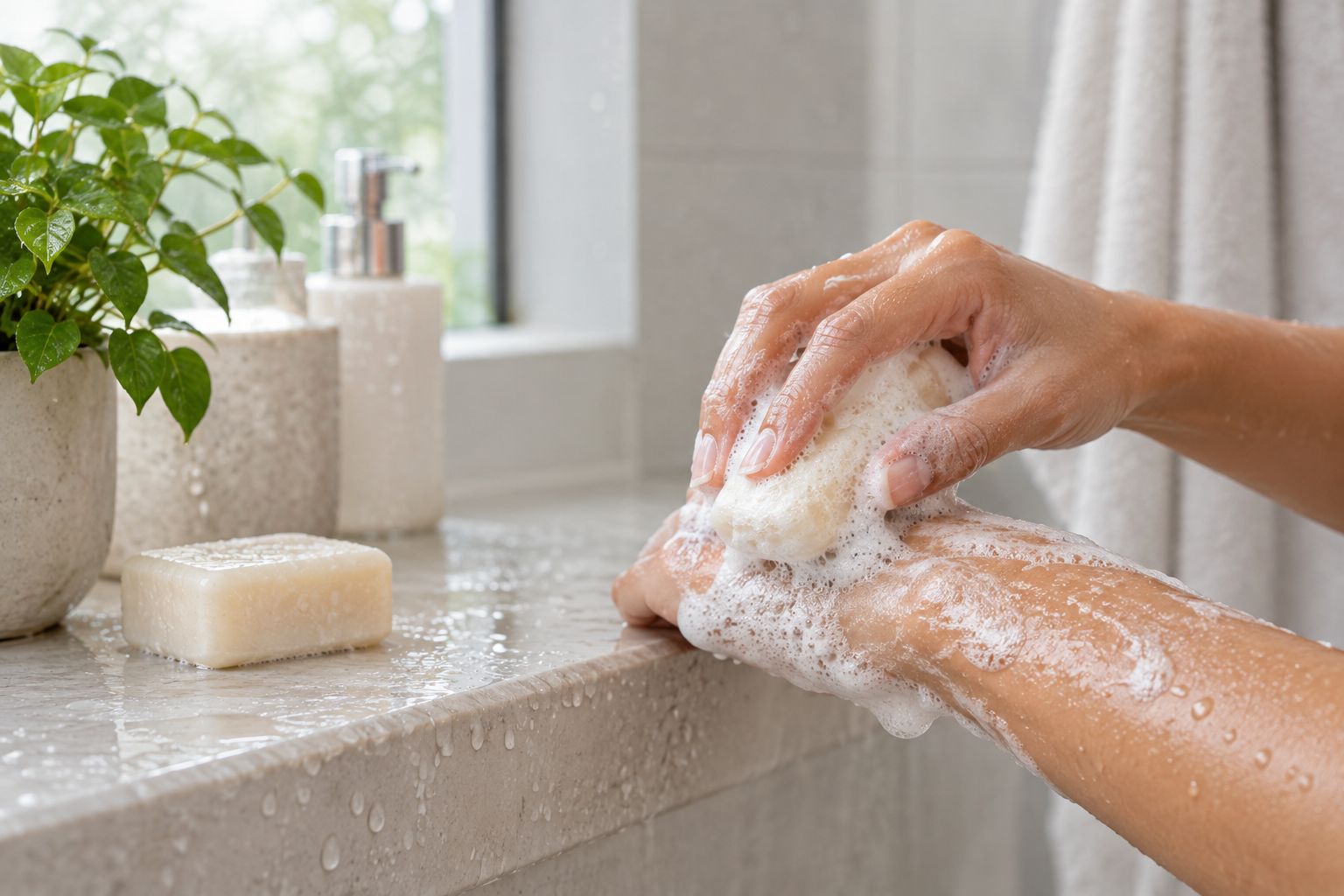 Bar soap being used on skin in a shower setting
