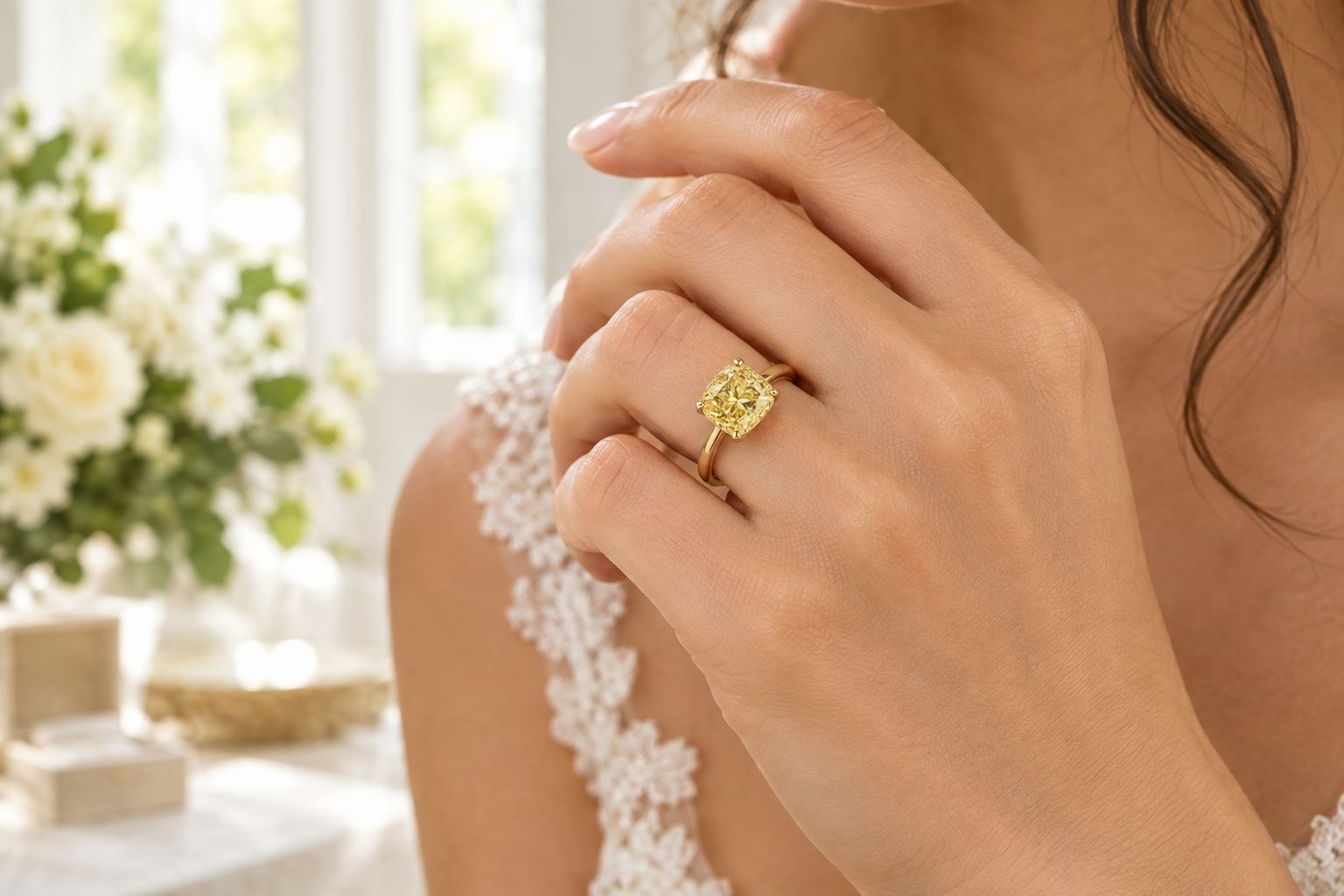 Cushion-cut yellow diamond ring in a warm gold setting