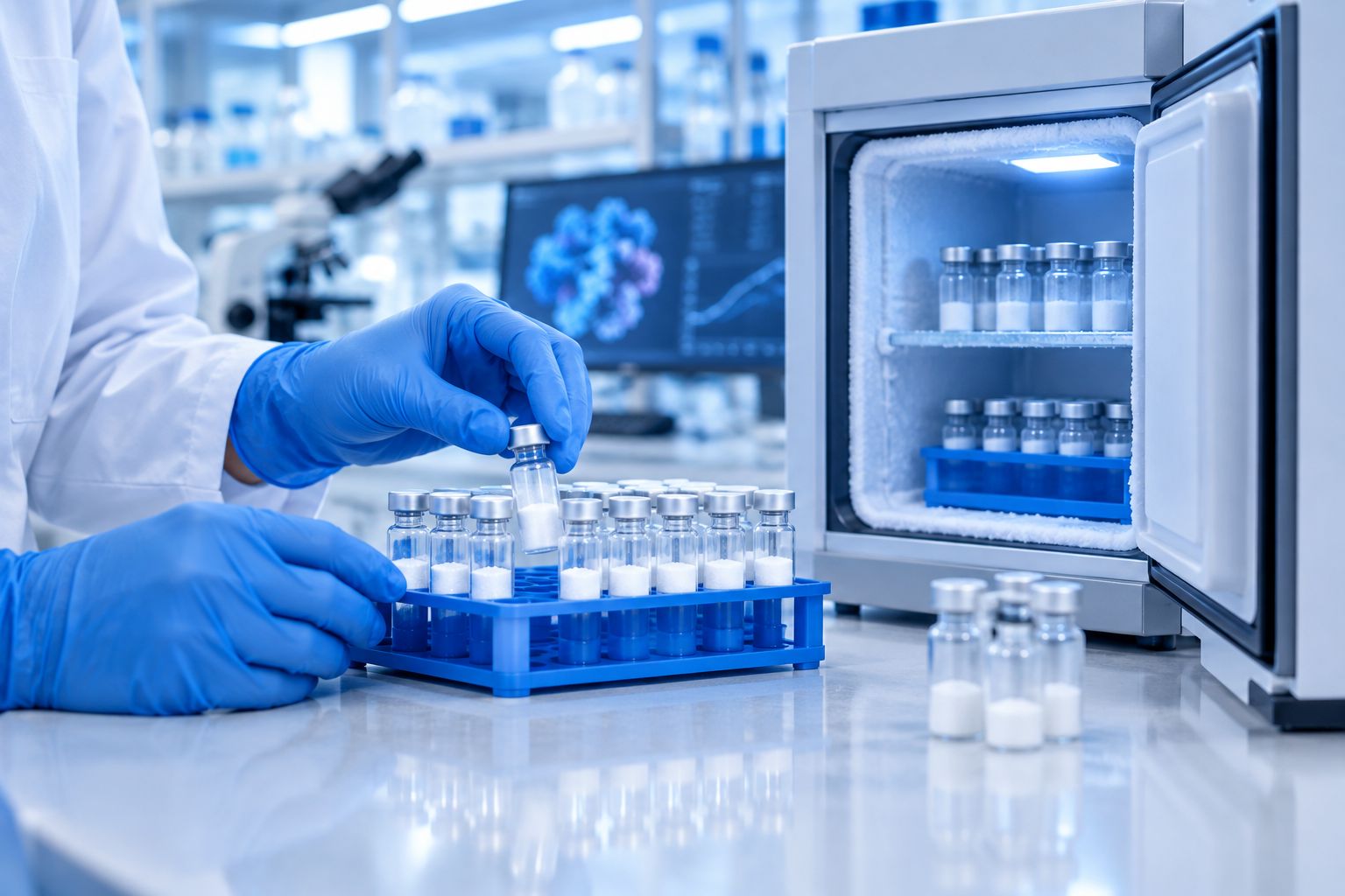 Lab bench with vialed peptide powder and an open countertop freezer for cold storage