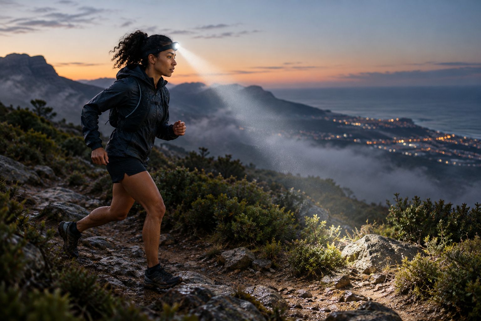 Trail runner using a headlamp in misty wet conditions on a mountain path