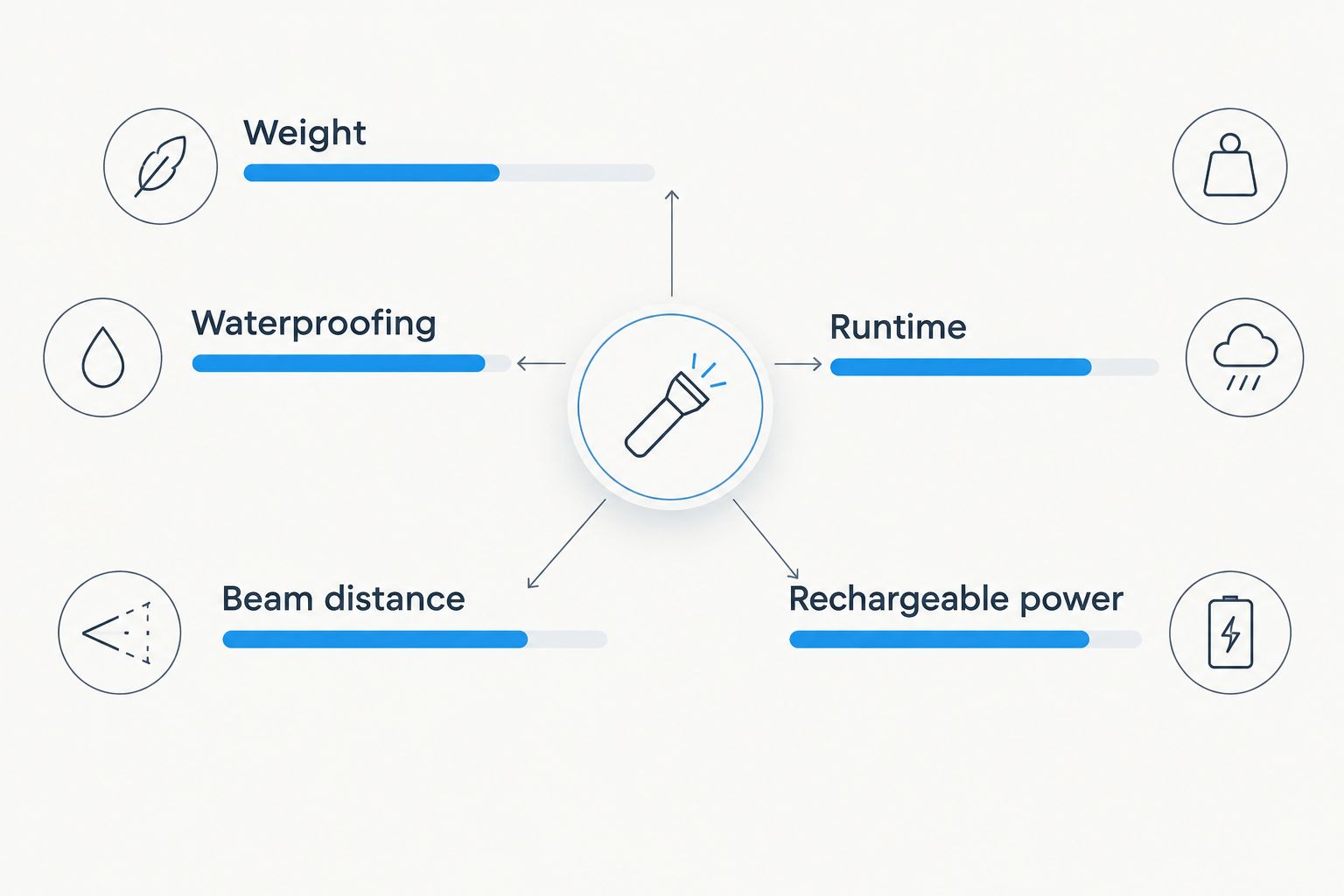 Diagram comparing headlamp weight, waterproofing, runtime, beam distance and power source