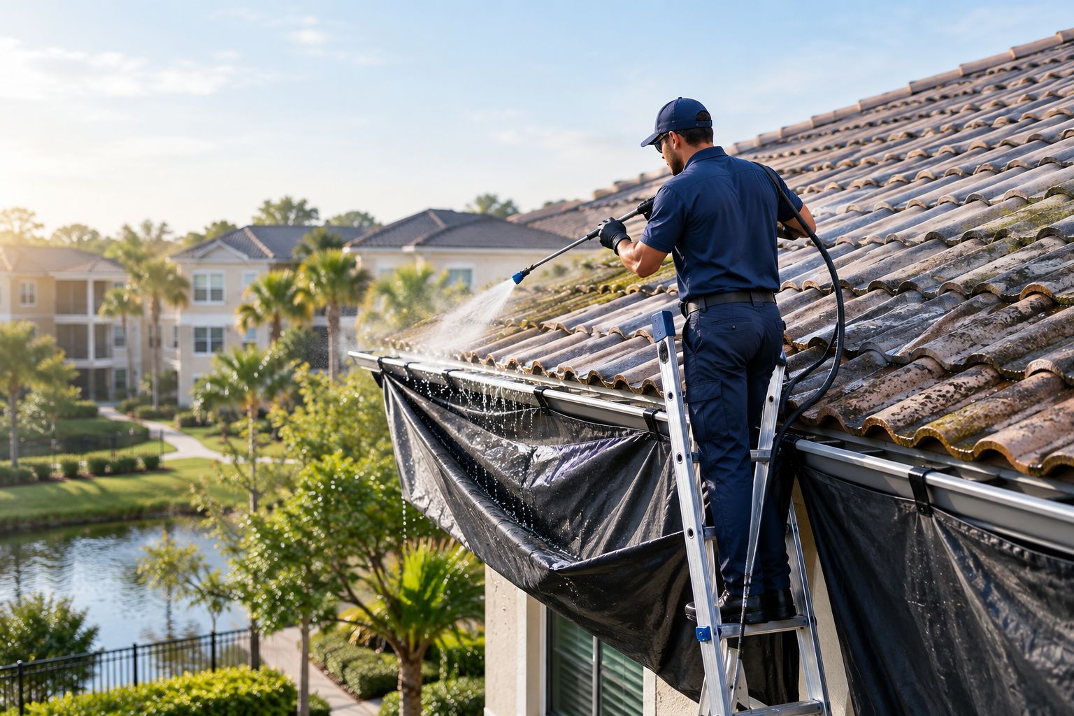 Technician soft-washing a tile roof with runoff containment at the gutter line