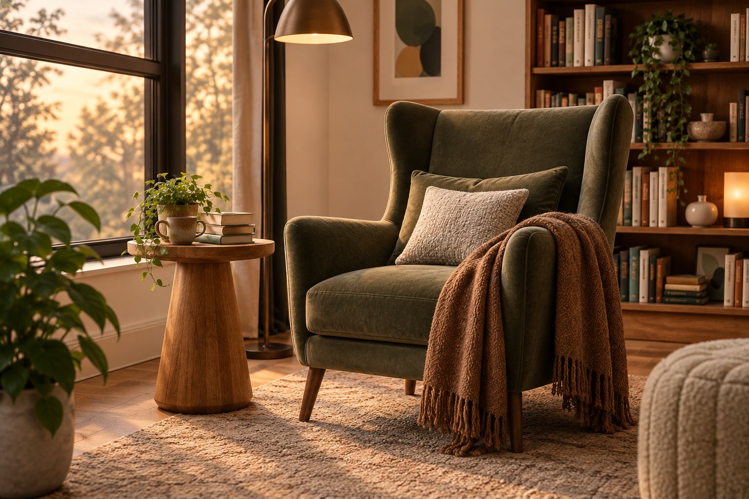 Luxury armchair reading nook with layered cushions, a throw, side table and floor lamp