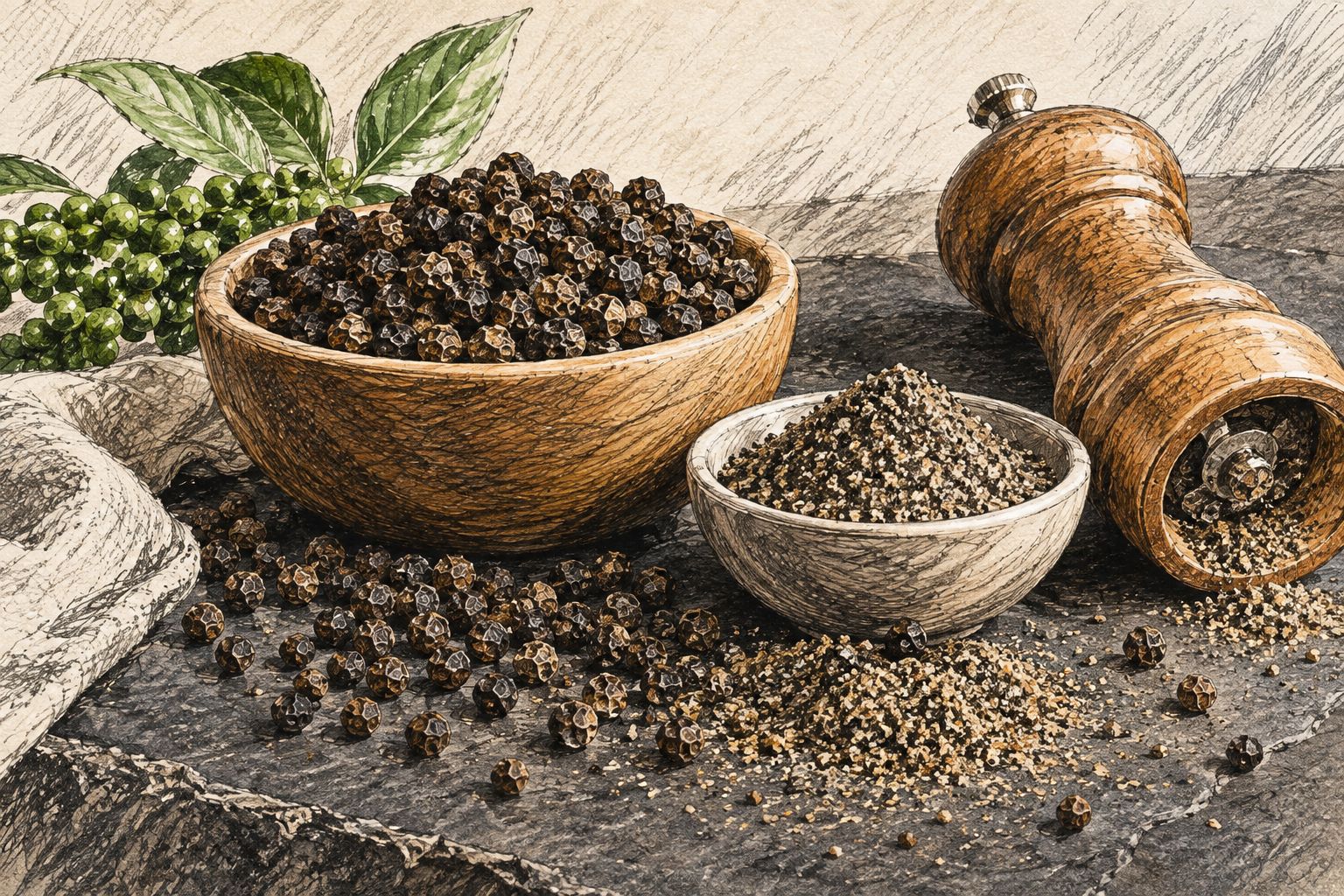 Whole peppercorns beside freshly ground black pepper and a hand grinder