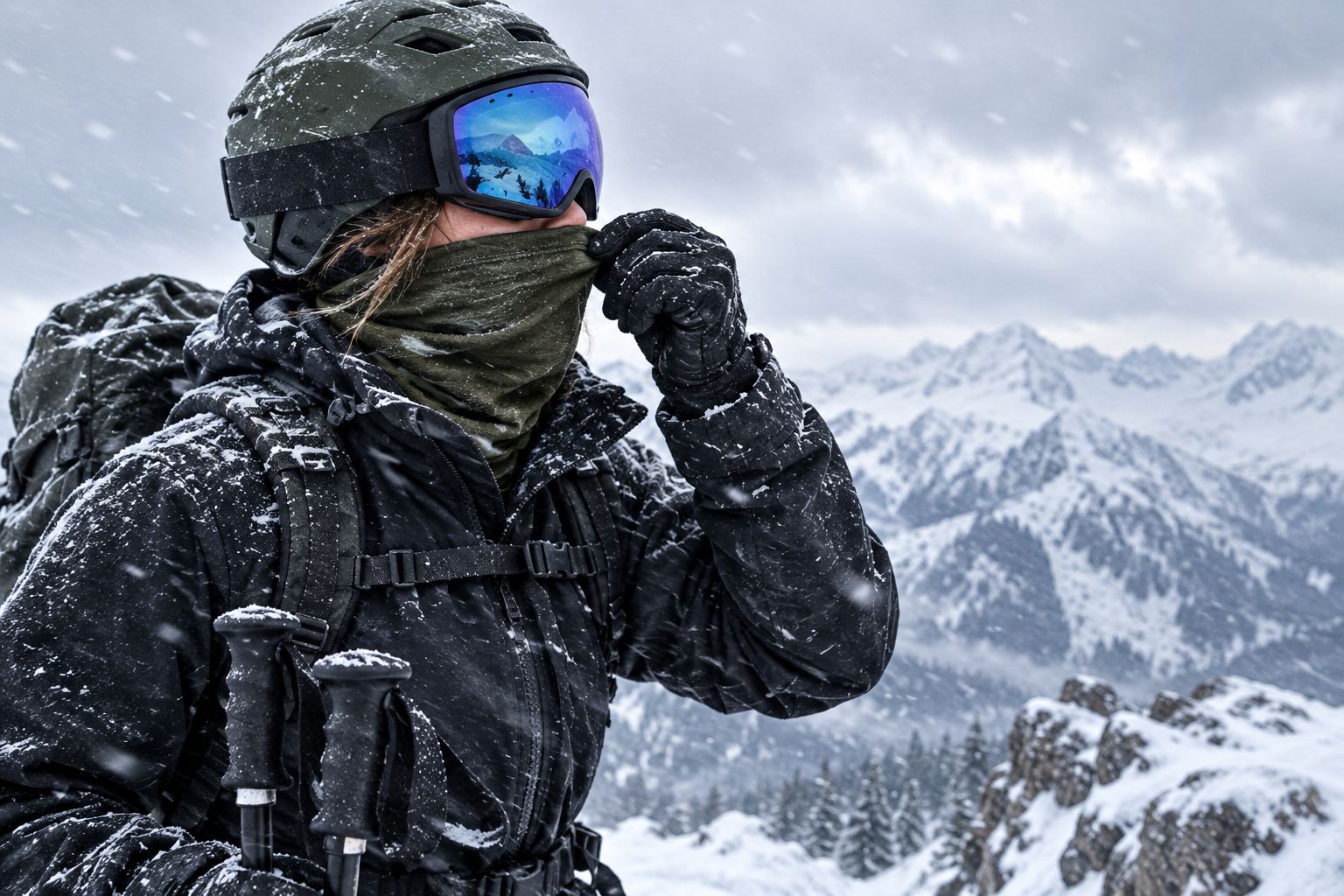 Skier adjusting a neck buff under ski goggles and a helmet
