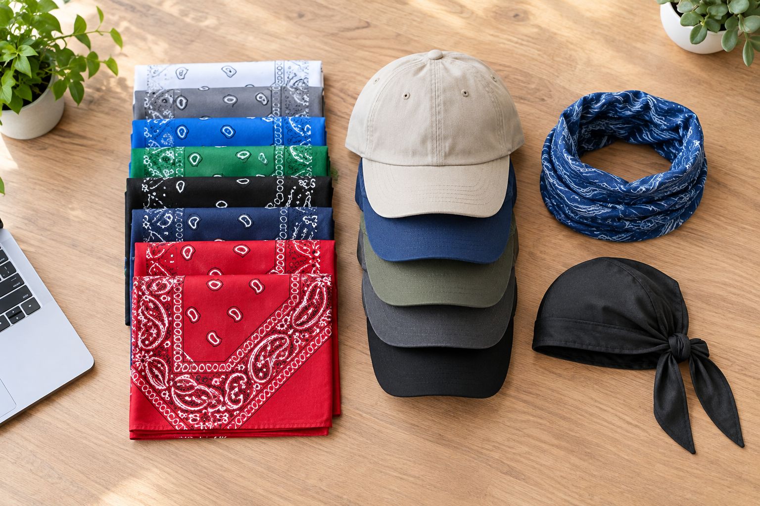 Flat lay of bandanas, caps, neck gaiters and doo rags arranged on a table