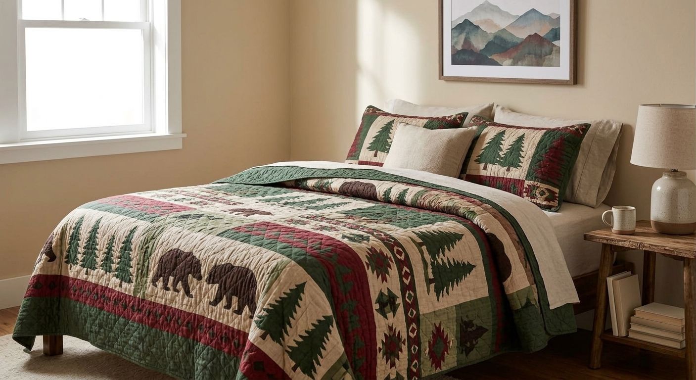 Guest room bed made up with a lodge-patterned quilted bedspread
