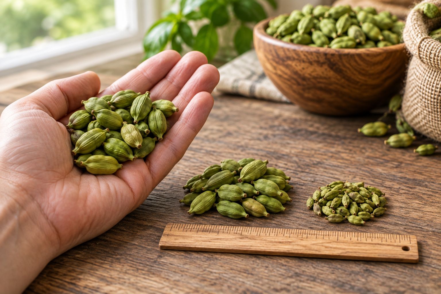 Hand comparing green cardamom pod sizes against a ruler