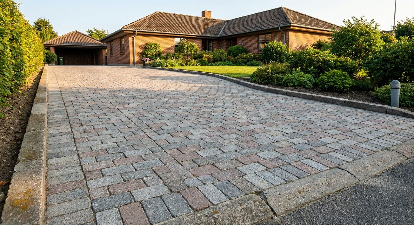 Muret indkørsel med granitsten og betonkantsten