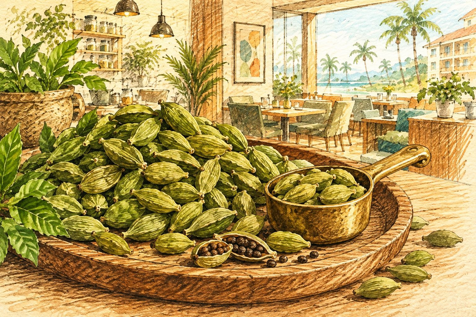 Large green cardamom pods on a wooden tray with a brass scoop
