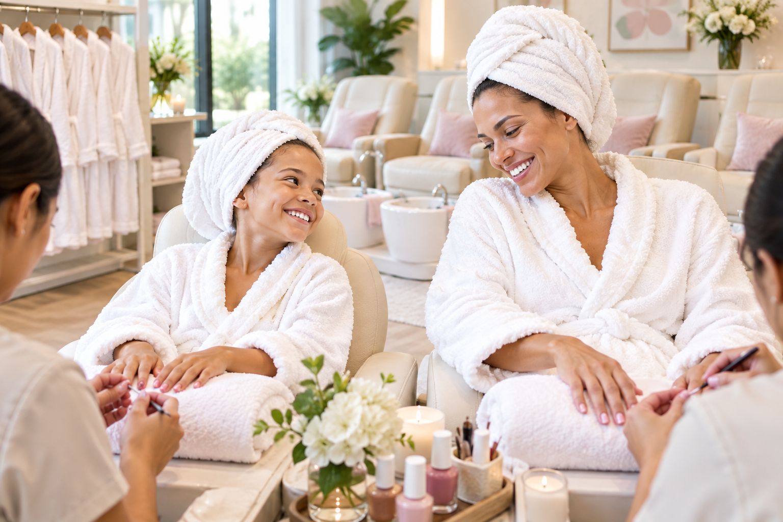 Mother and daughter getting manicures side by side at a kids' spa party