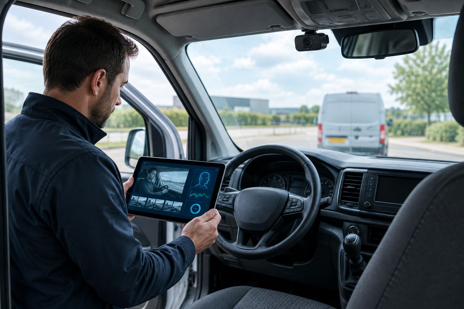 Fleet manager reviewing recorded dash cam footage on a tablet beside a parked van