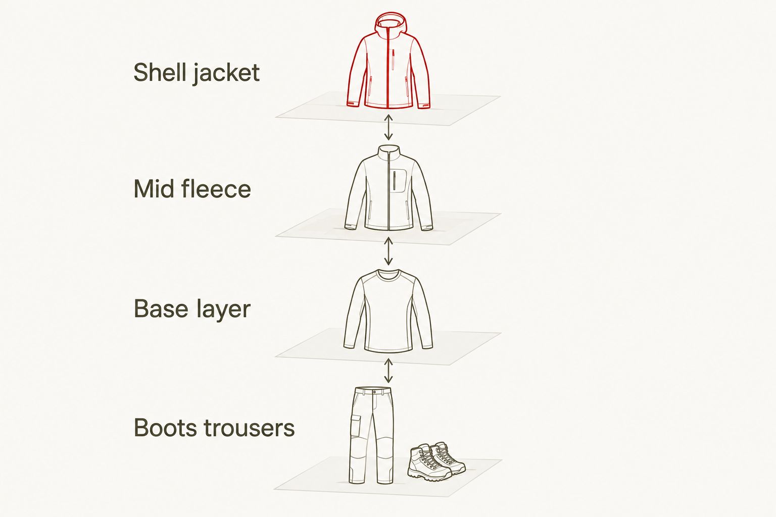 Layer stack from shell jacket down to boots and trousers