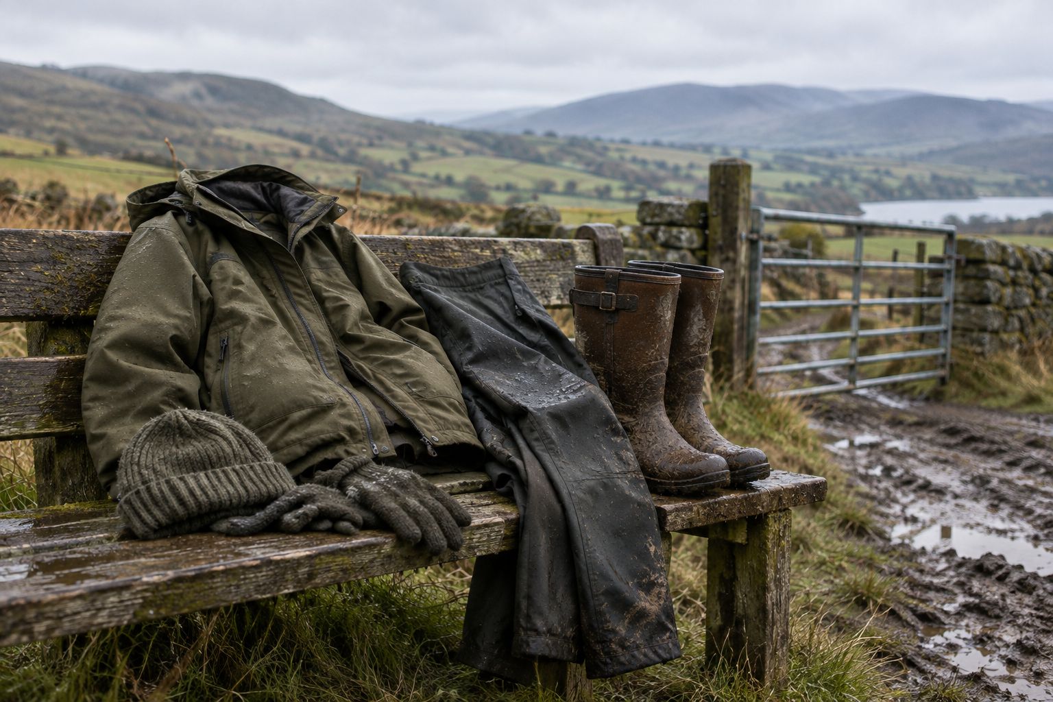 Field jacket, trousers, boots and gloves ready by a muddy gateway