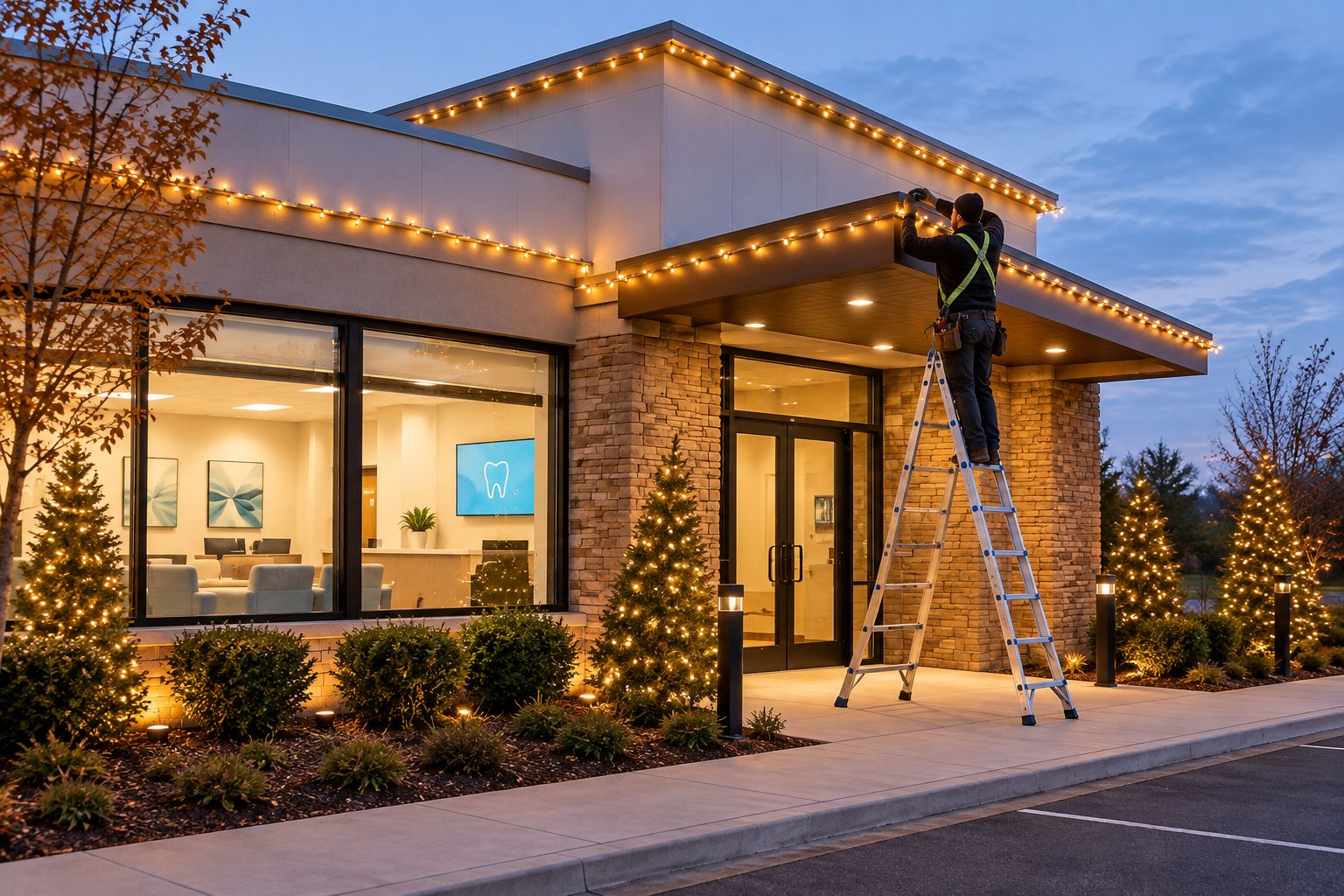 Installer attaching commercial LED lights to a medical office entrance