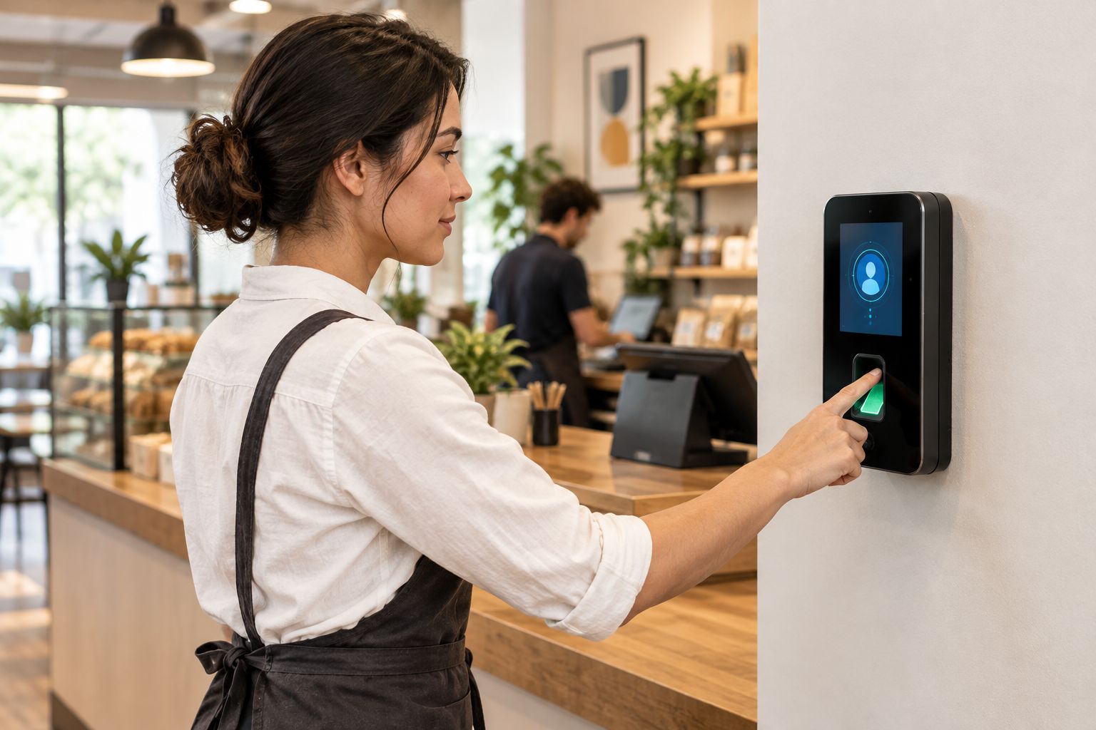 Employee using a wall-mounted fingerprint time clock kiosk at a small business counter