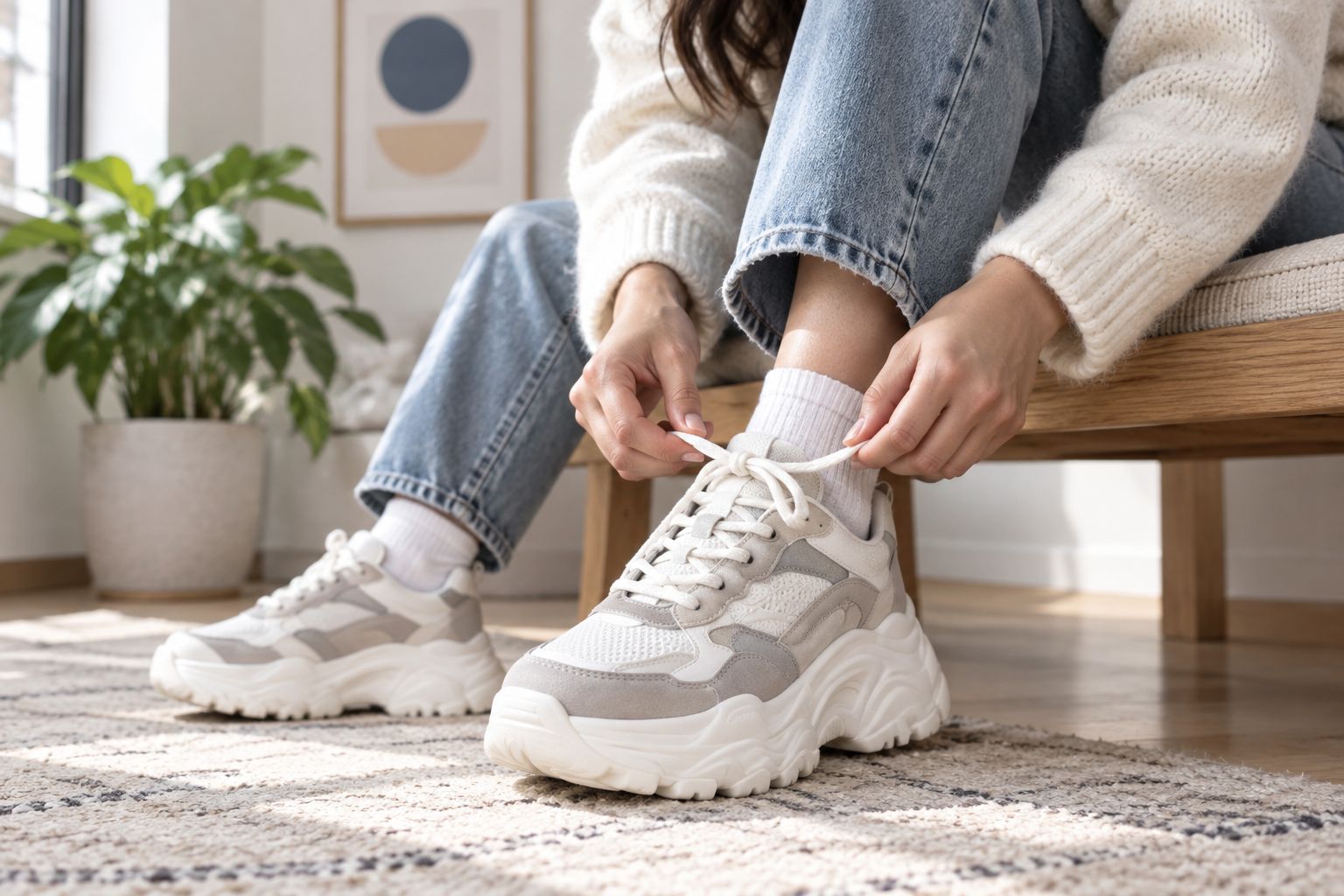 Close-up of a person lacing a chunky platform sneaker