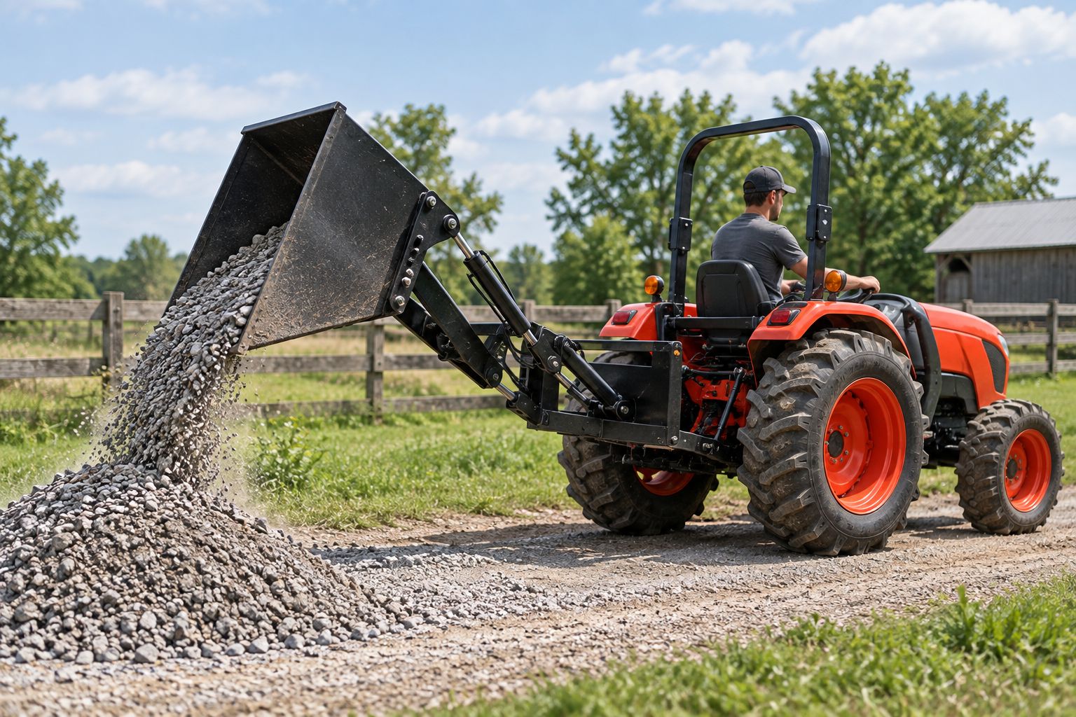 Compact tractor tipping a dirt scoop to dump gravel on a farm track