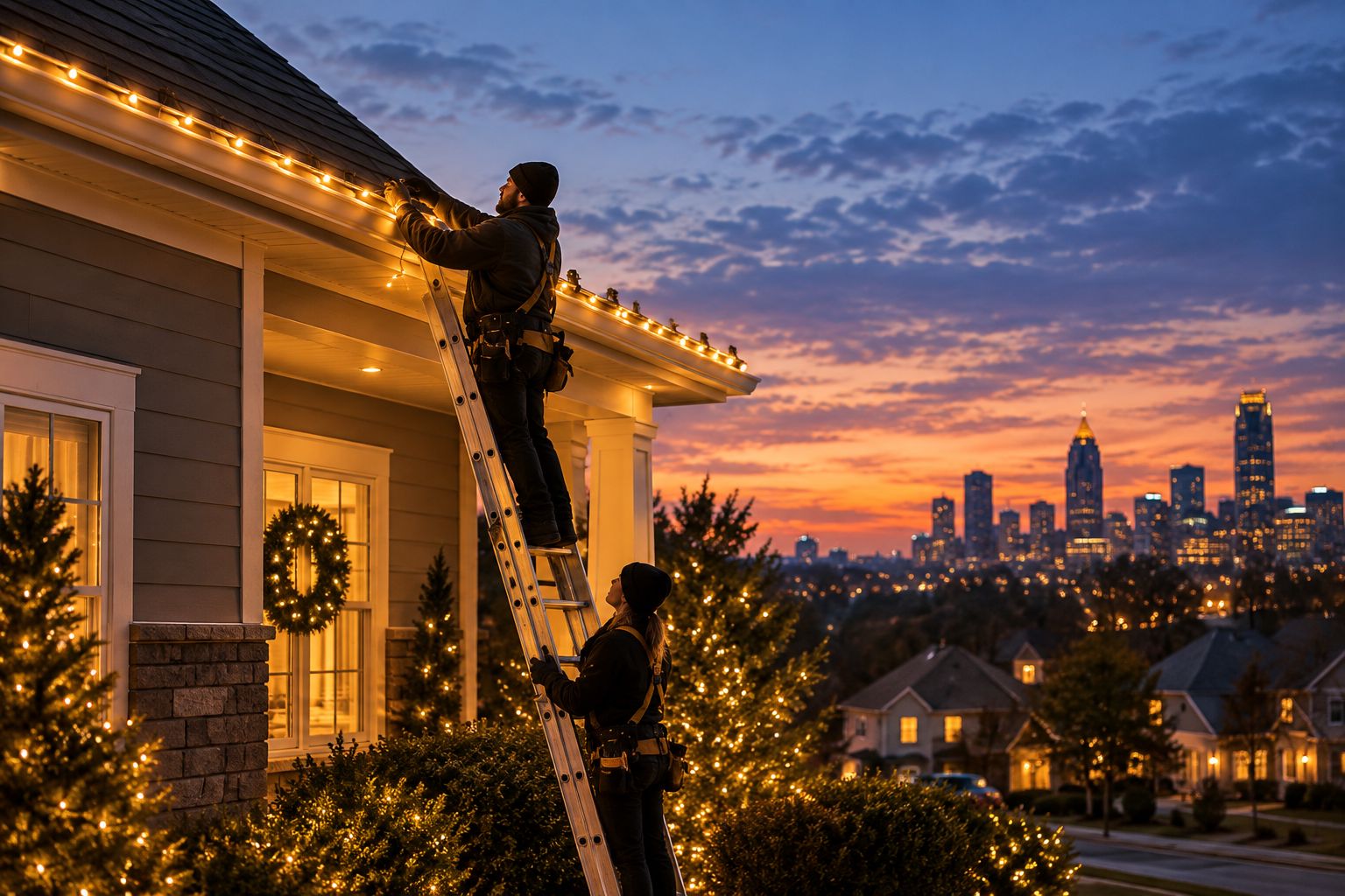 Crew installing warm white LED lights along a home rooflines using roof-safe clips