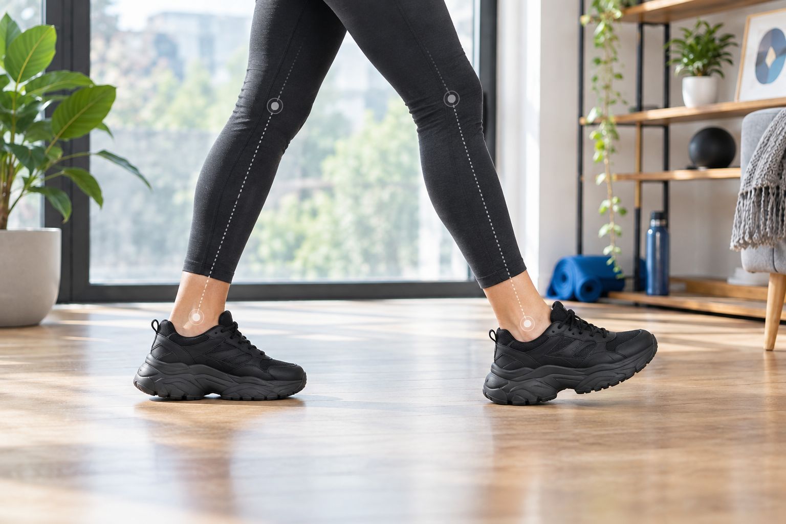 Side view of natural foot and knee alignment while walking in chunky trainers