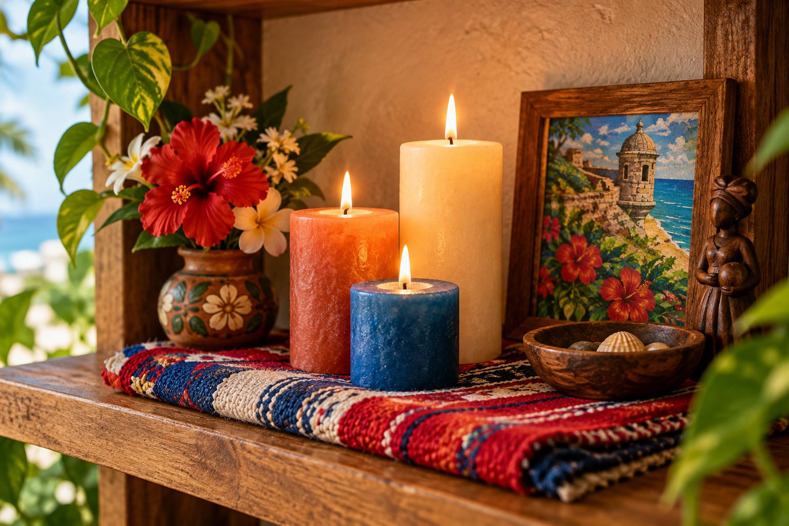 Three candles arranged together on a home altar shelf