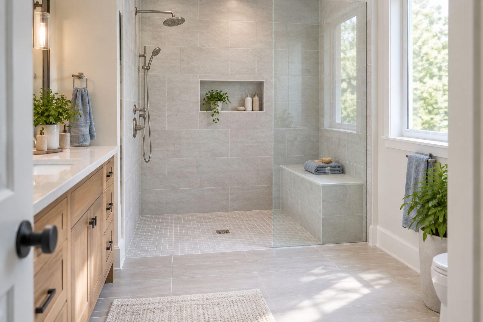 Curbless walk-in shower with zero-threshold entry in a remodeled bathroom