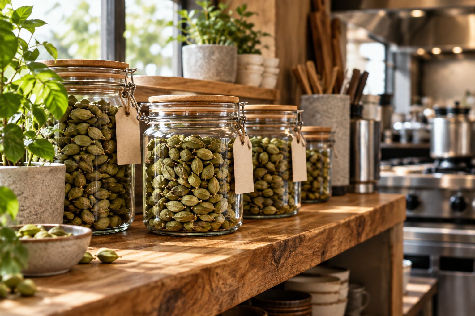 Airtight jars of green cardamom pods stored on a café kitchen shelf away from heat