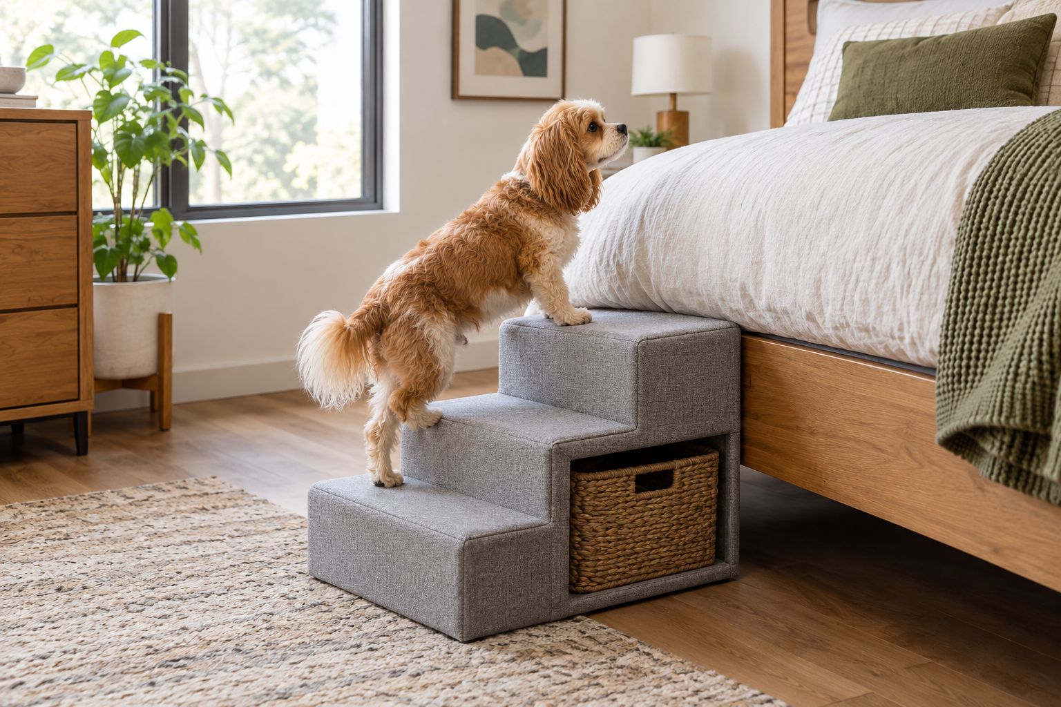 Small dog climbing a two-step freestanding pet stair with storage basket beside a bed