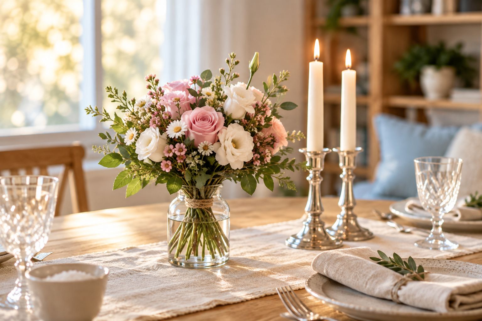 Flower arrangement on a set table beside candlesticks before Friday evening