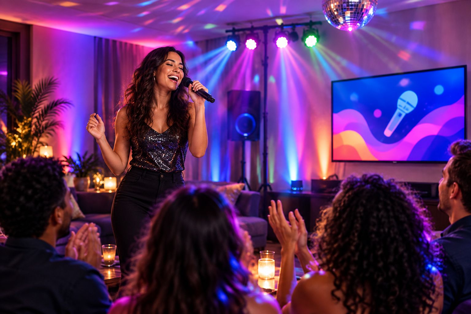 Layered karaoke lighting with separate singer, wall, and audience illumination