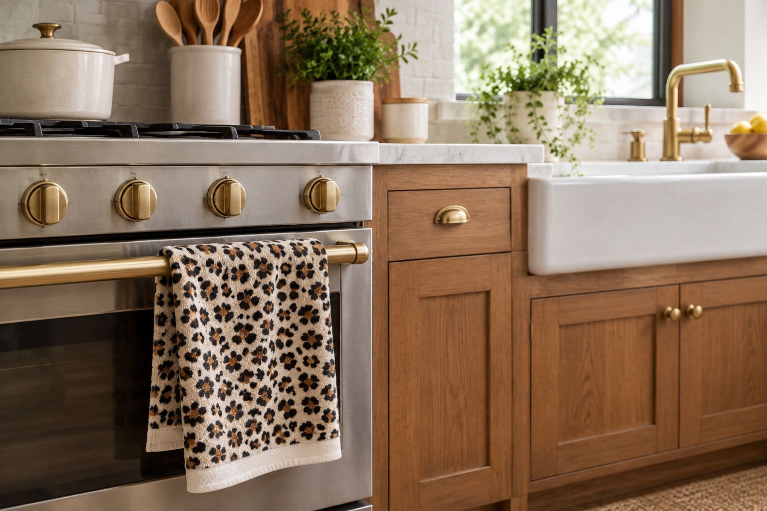 Leopard print kitchen towel hanging on an oven handle in a farmhouse kitchen