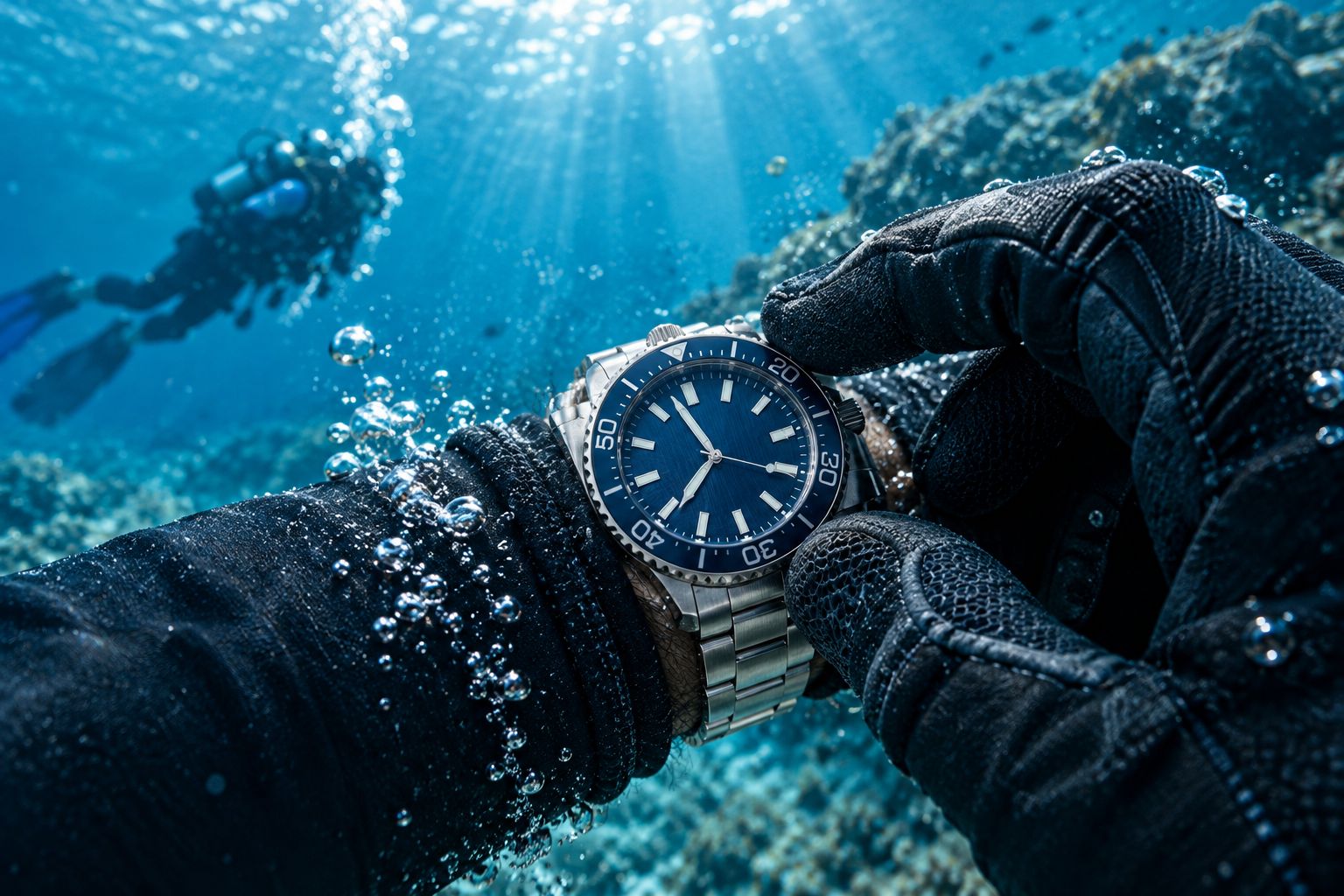 Diver checking the bezel of a stainless steel dive watch underwater