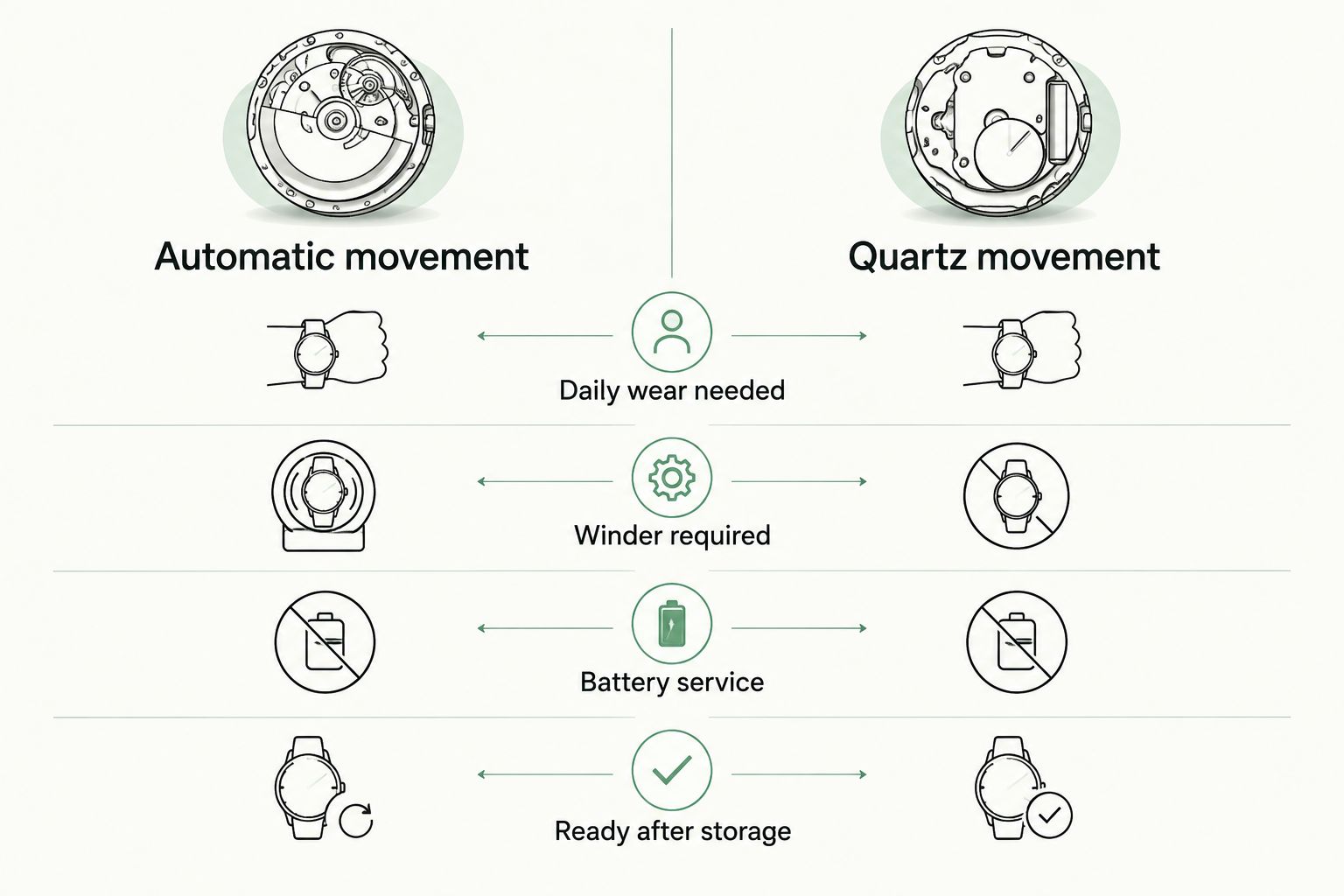 Comparison diagram of automatic versus quartz dive watch movements