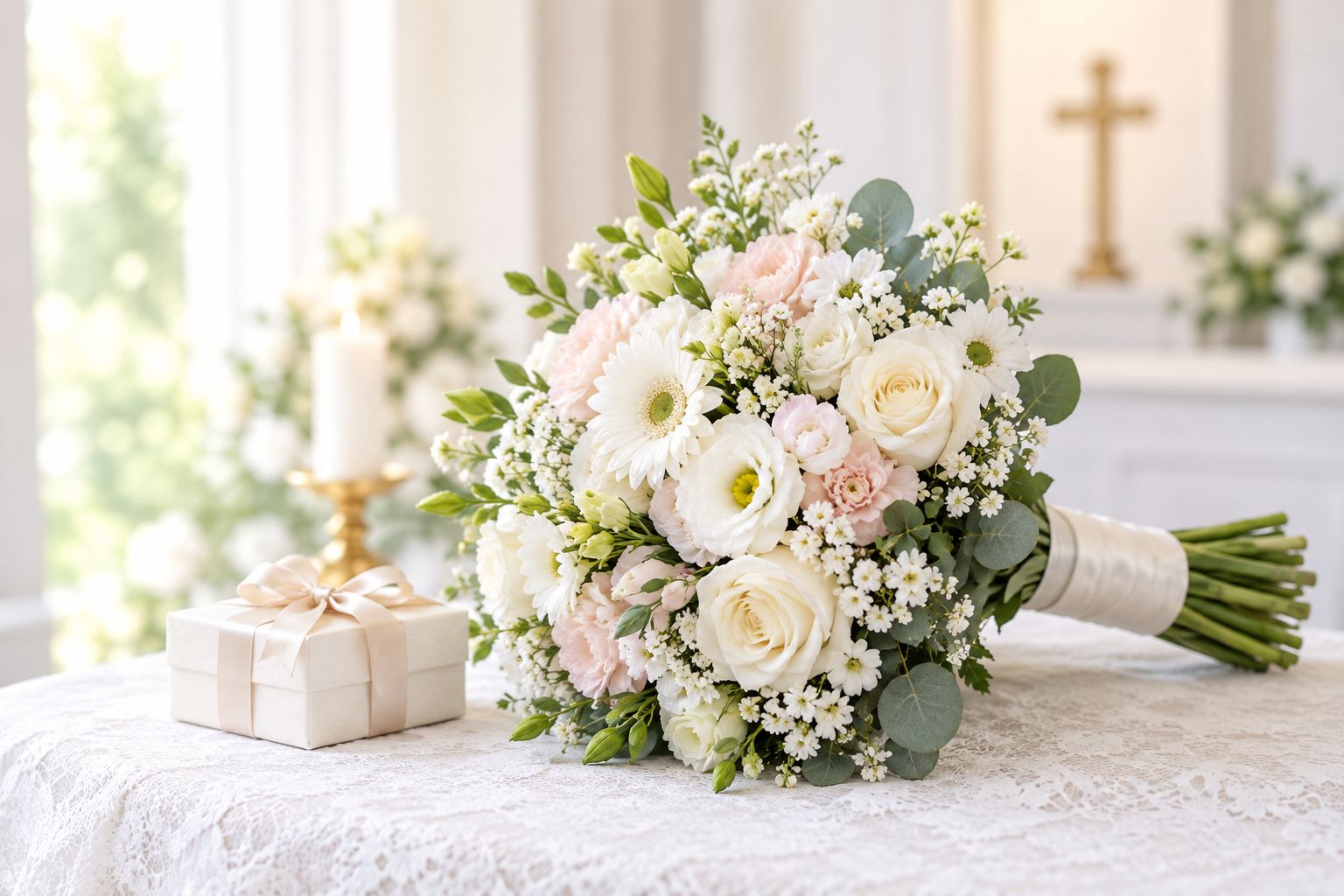 White and pastel bouquet on a table set for a family celebration