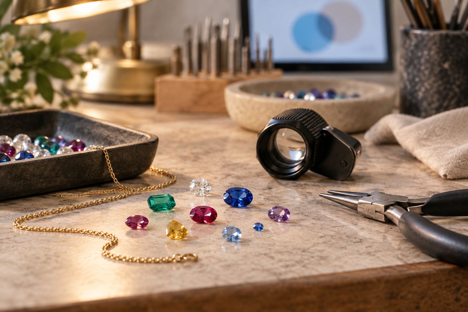Jeweler's workbench with loose gemstones and tools for handmade jewelry