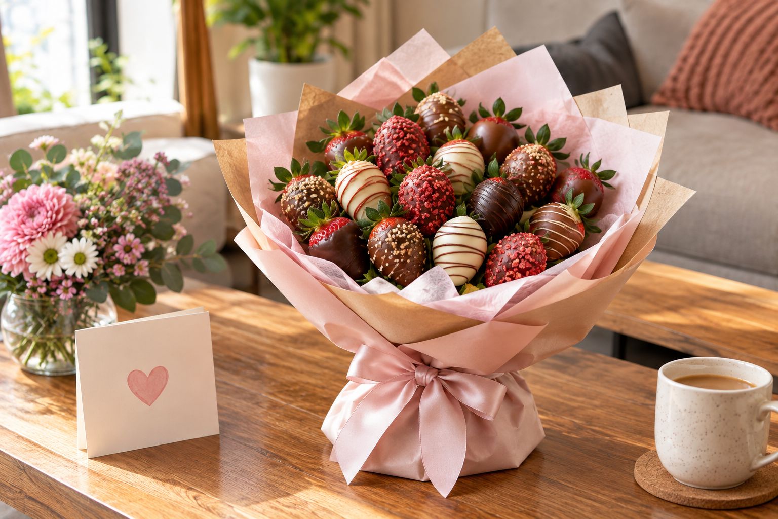 Chocolate-dipped strawberries arranged like a flower bouquet