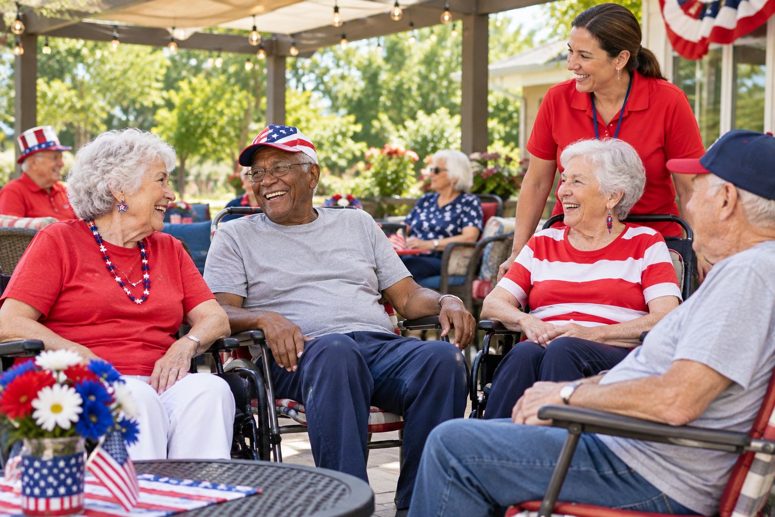 Senior living residents in patriotic shirts at an outdoor Fourth of July patio party
