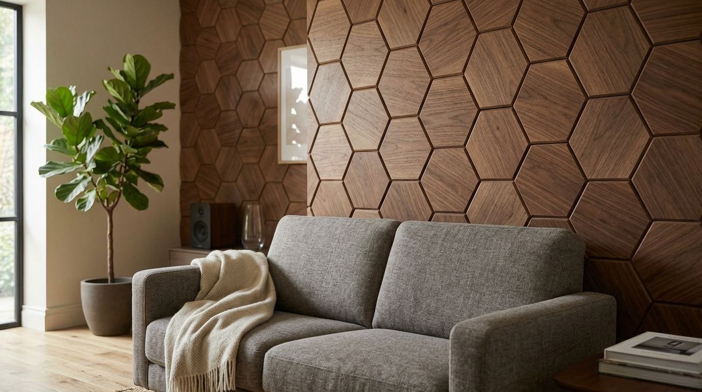 Hexagon wood veneer acoustic panels installed on a living room wall