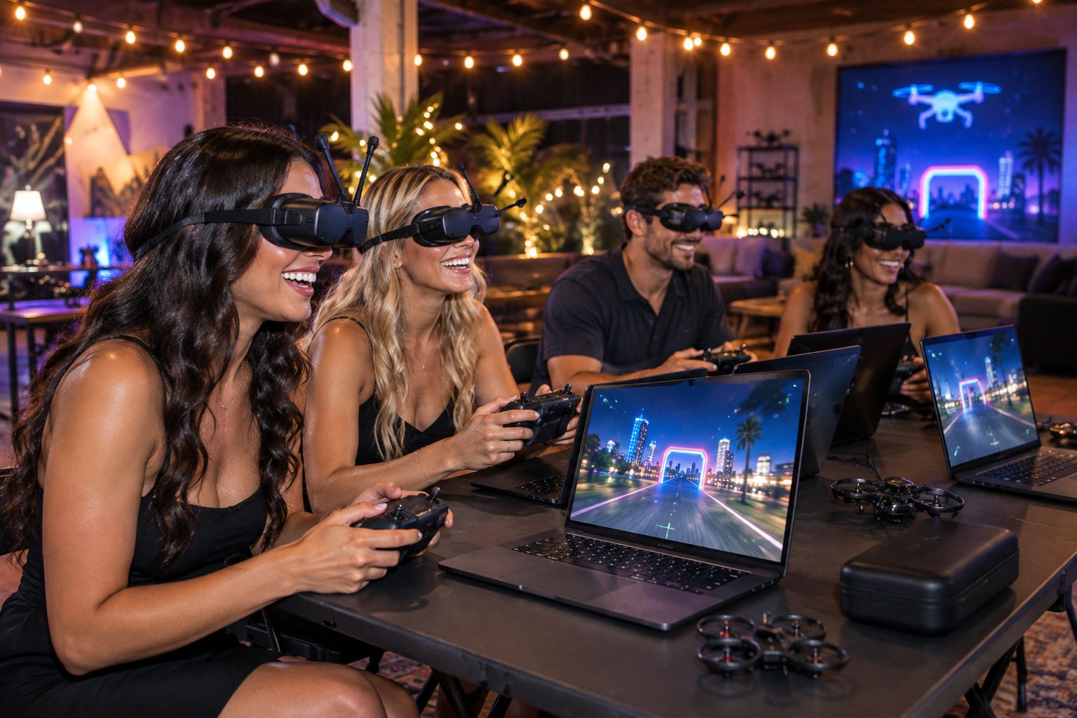 Group practicing FPV drone flying on simulators at an indoor training session