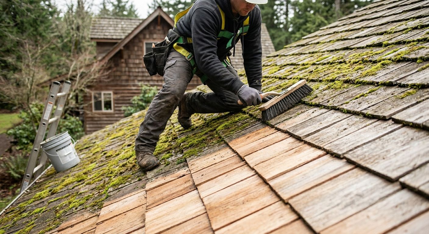 Roof moss removal for cedar shake roofs