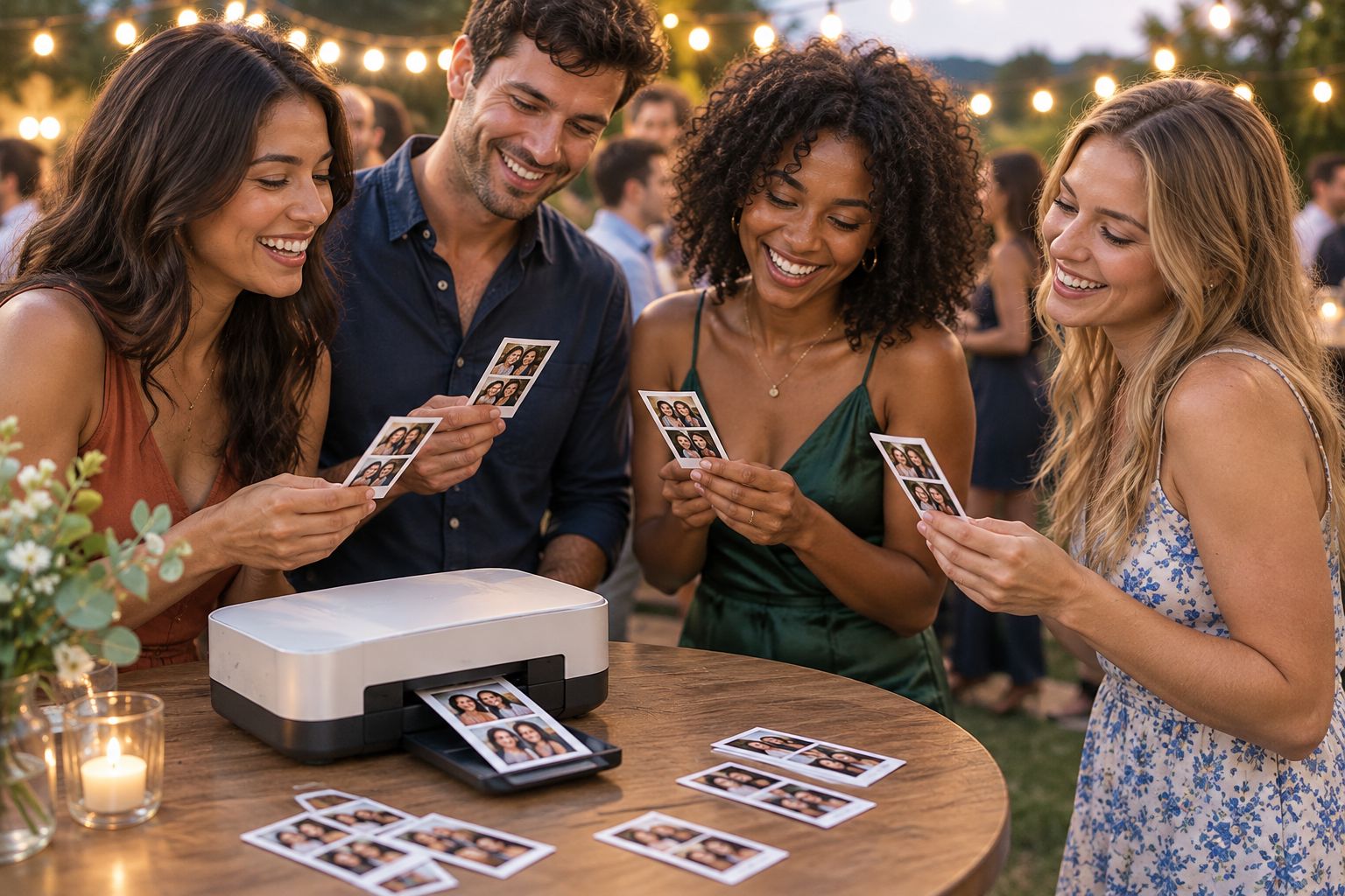 Portable event photo printer with fresh prints at a wedding reception