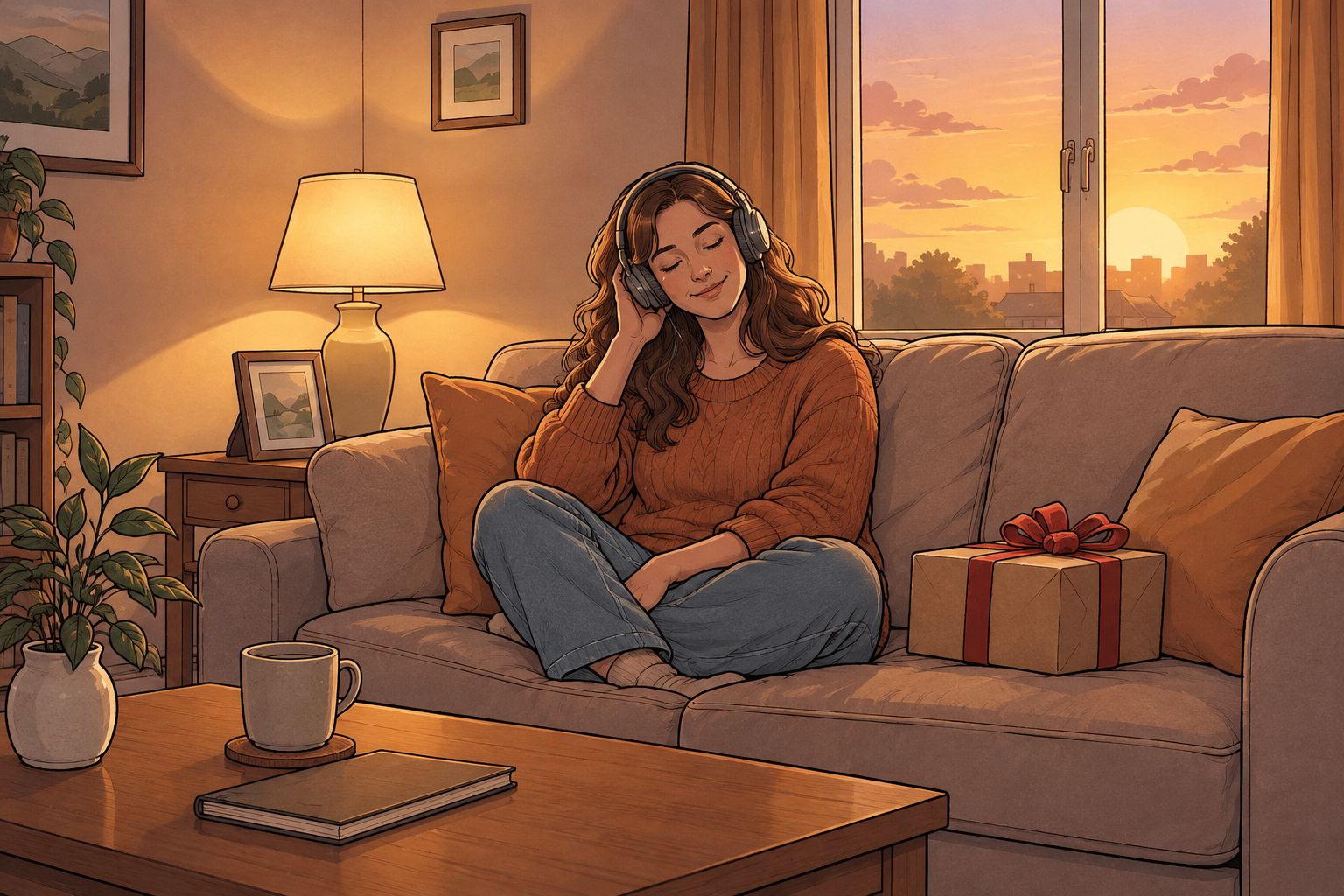 Person listening to a personalized gift song on headphones at home