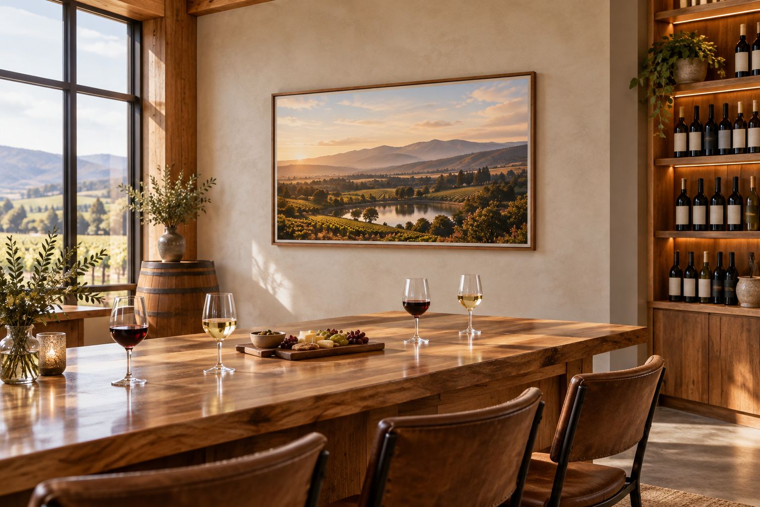 Landscape artwork beside a winery tasting counter, with clear separation from bottle shelving