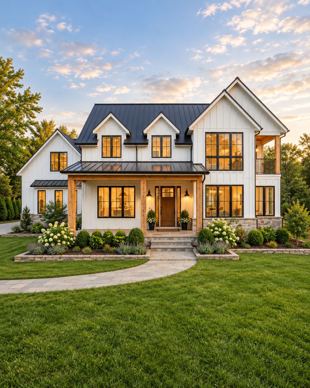 AI-generated illustration of a white home with a timber porch and landscaped garden.