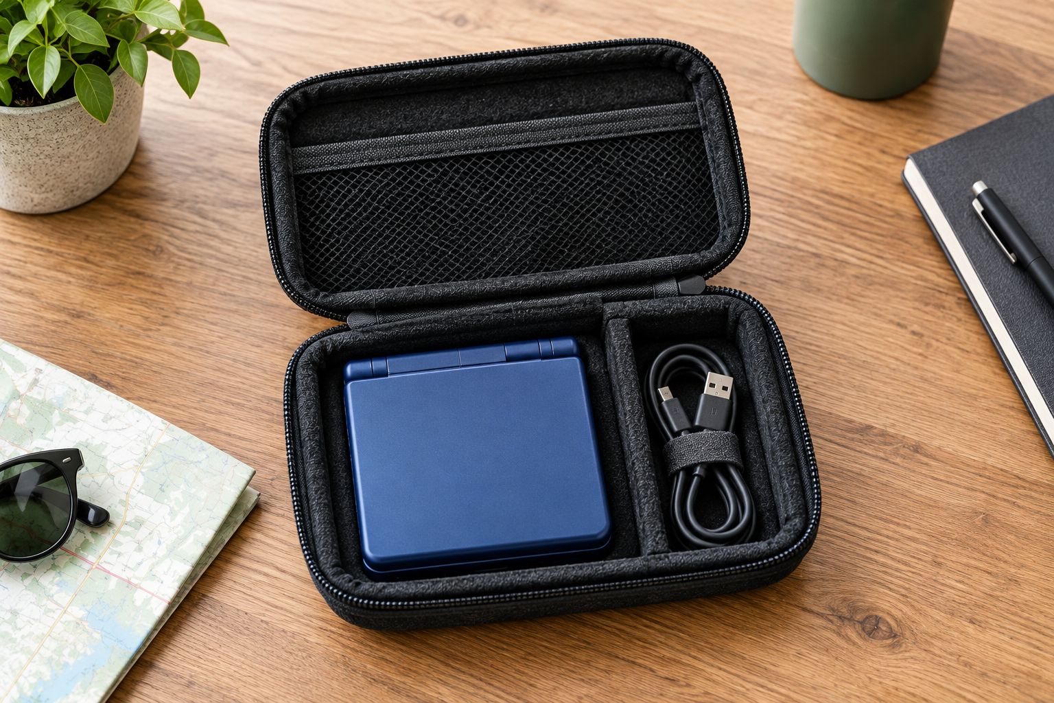 Closed clamshell handheld and coiled cable in separate travel-case compartments