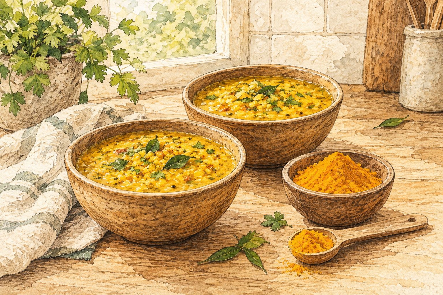 Two small batches of dal prepared for a side-by-side turmeric flavour comparison.