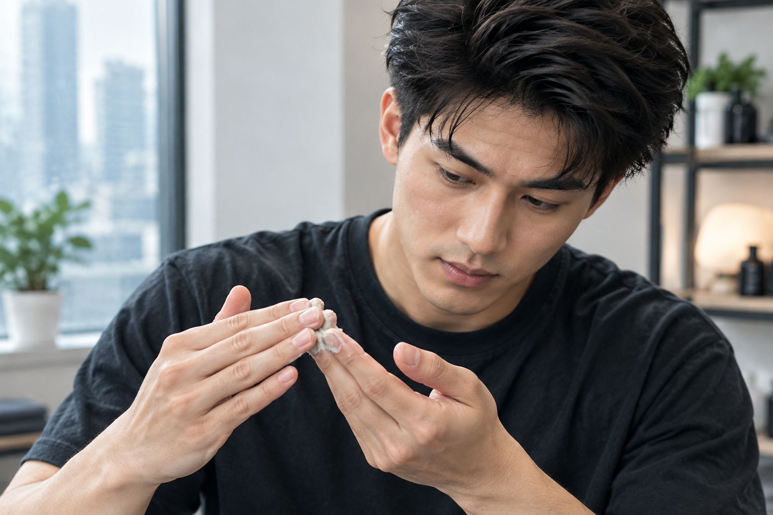 手指搓開髮泥再由髮根推向髮尾的塗抹手法