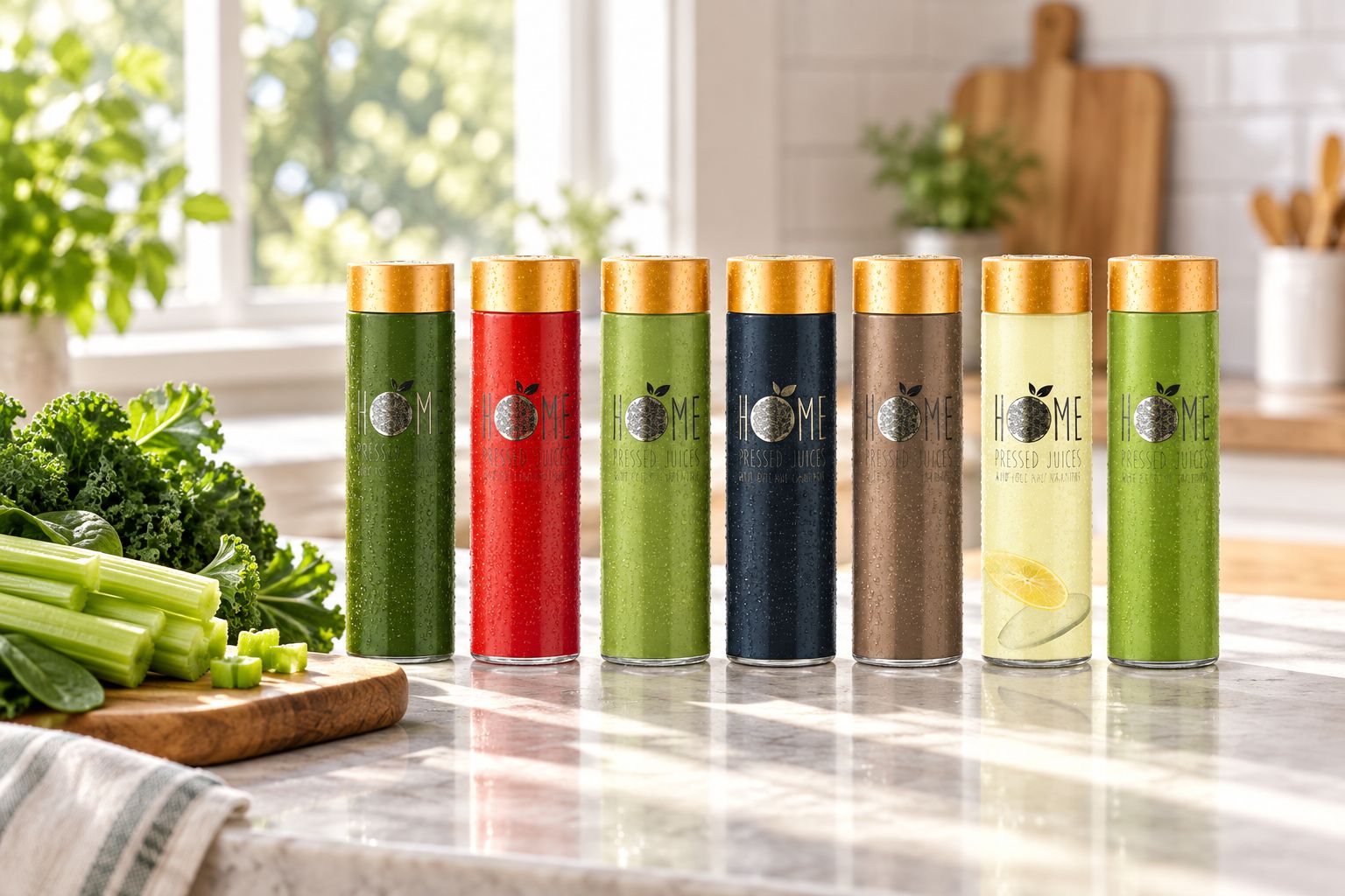 Row of cold-pressed juice bottles on a kitchen bench