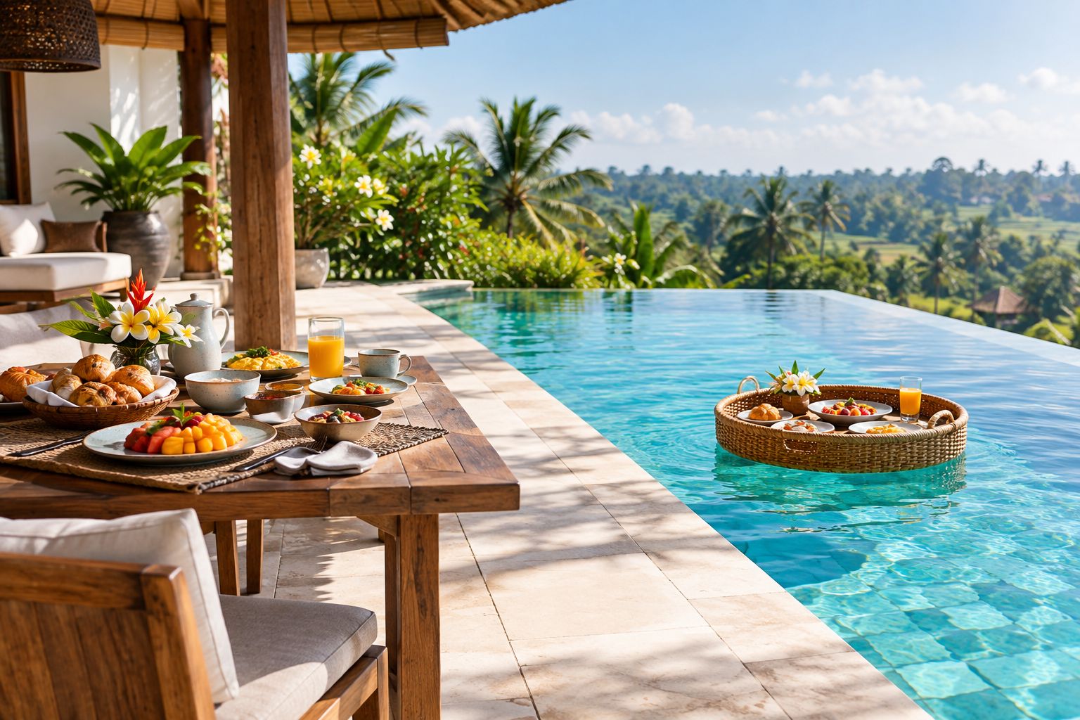 Floating breakfast tray beside a shaded poolside dining table with a clear walking route