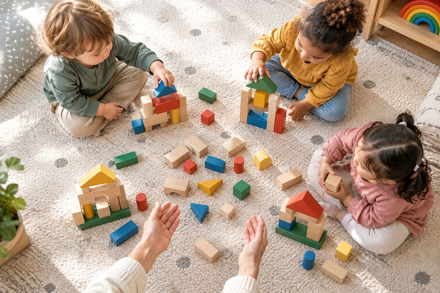 Separate wooden block constructions with loose pieces between them on a shared play mat